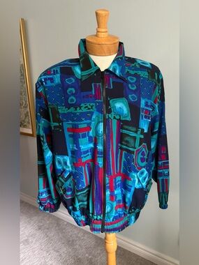 Vintage 90s Abstract Silk Feel Jacket Blue Teal Art Print L Made Canada